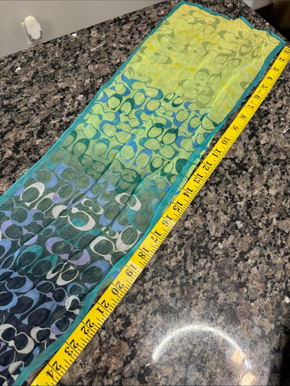 Coach silk Lime Green and Teal Logo Print Scarf - Picture 11 of 12